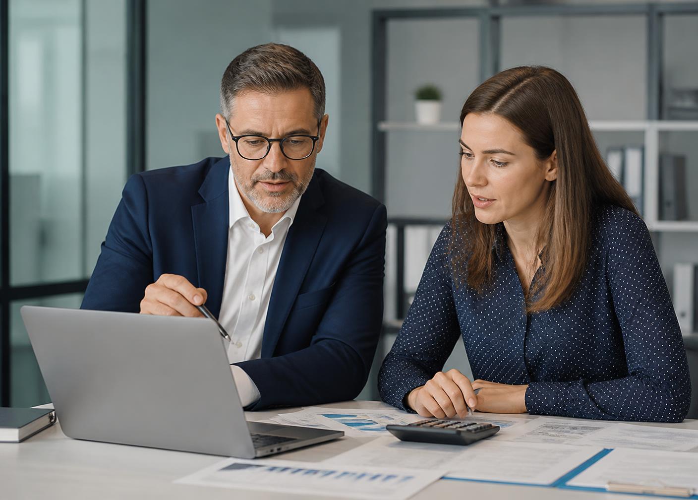 Billing specialists reviewing revenue cycle reports on screen in a healthcare office