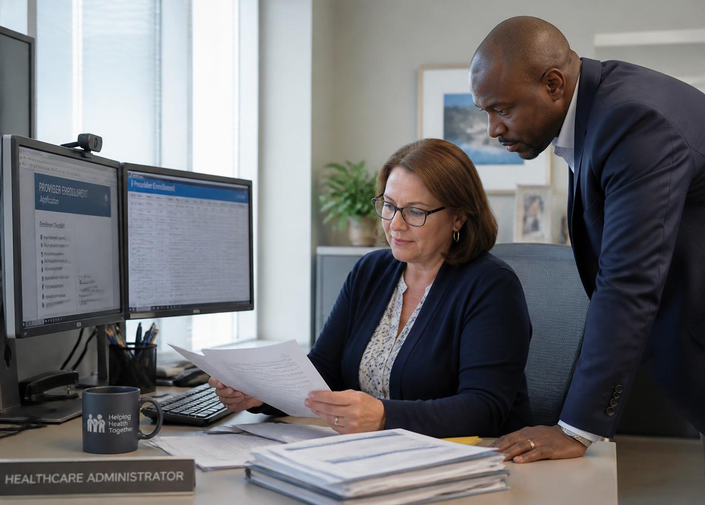 Healthcare administrator preparing provider enrollment and credentialing paperwork